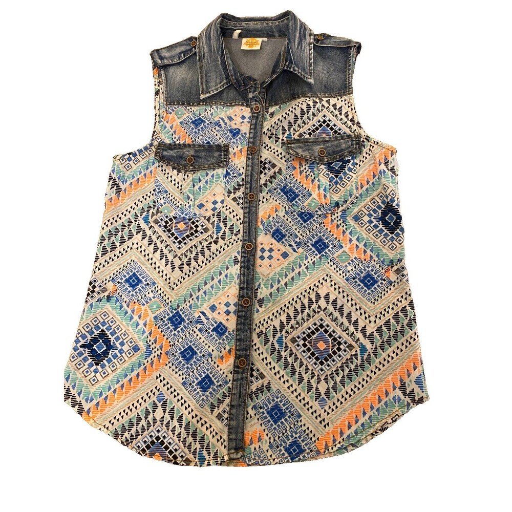 Available Shirt Womens Small Blue Geometrical Denim Boho Chic Southwestern